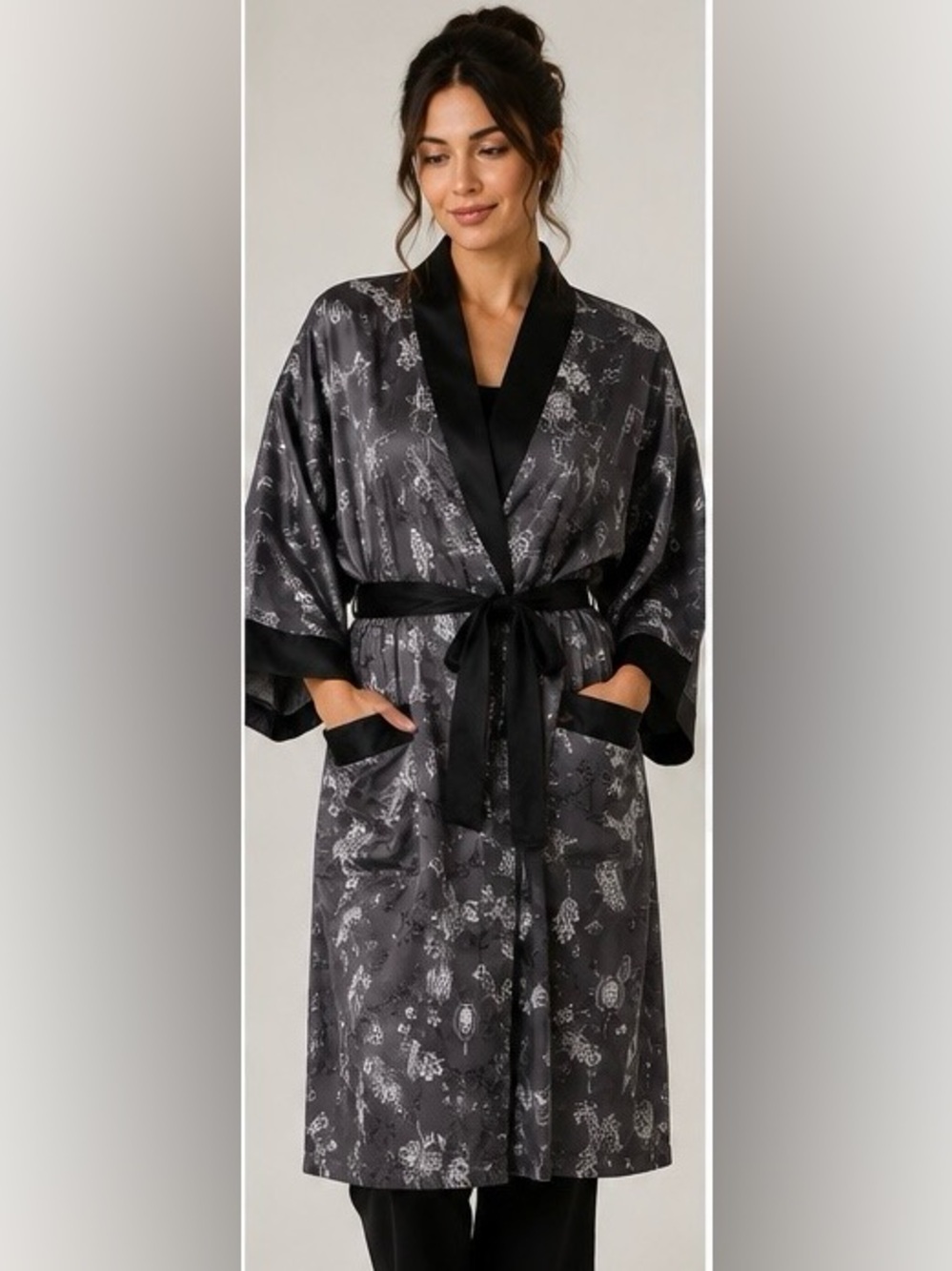Floral Dragon Kimono Reversible Robe Embroidered Black Satin Asian Belted